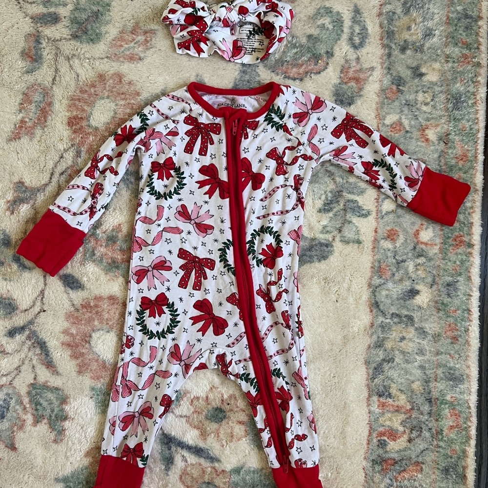 Caden Lane Holiday convertible zip onesie w/ headband